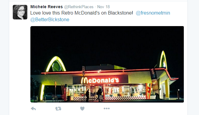 A tweet from Michele Reeves while touring Blackstone. She believes Blackstone's Historic Buildings are it's biggest asset.